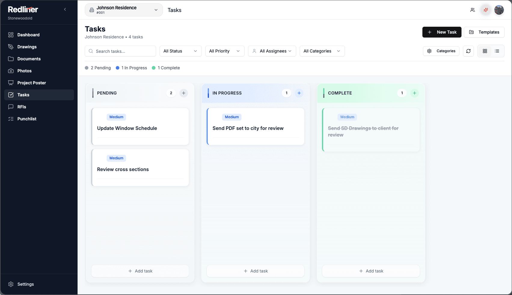 Redliner tasks module: a kanban board with pending, in progress, and complete columns